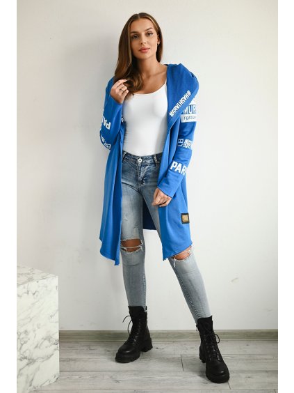 Modrý dámsky kardigán s nápismi a kapucňou