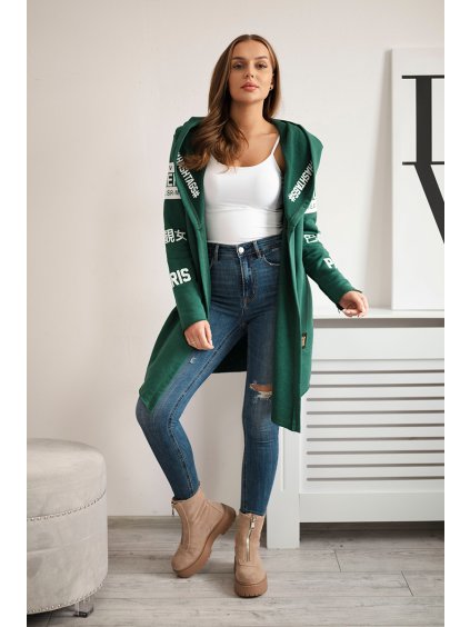 Smaragdový dámsky kardigán s nápismi a kapucňou