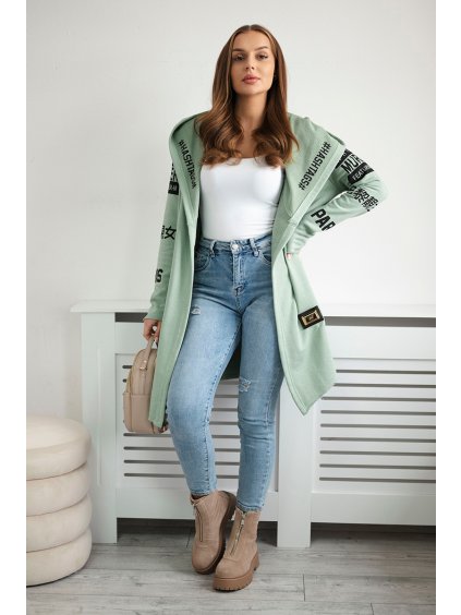 Mätový dámsky kardigán s nápismi a kapucňou