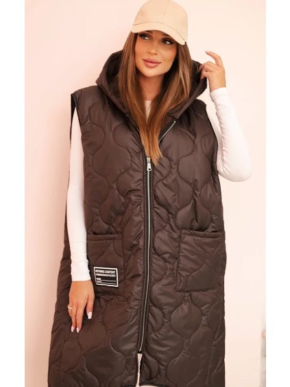 Hnedá dámska oversize prešívaná vesta s kapucňou na zips