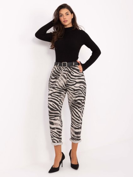Smotanové dámske zebrované nohavice z viskózy s pásikom