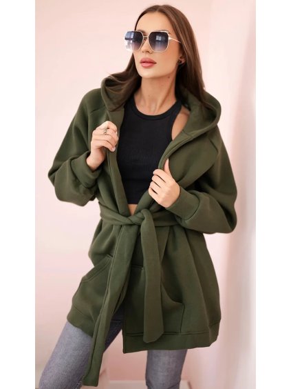 Khaki zateplená dámska mikina so zaväzovaním v páse