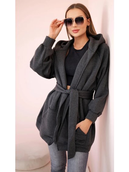 Grafitová zateplená dámska mikina so zaväzovaním v páse