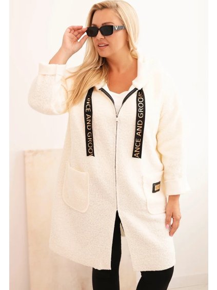 Smotanový štýlový dámsky plus size teddy kabátik na zips s kapucňou