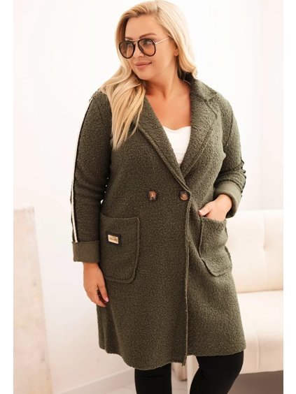 Khaki dámsky plus size teddy kabát s vreckami