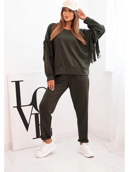 Khaki dámska viskózová tepláková súprava so strapcami na rukávoch