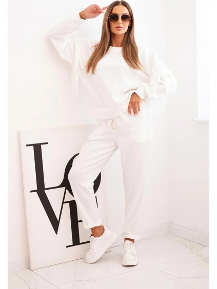 Smotanová dámska viskózová tepláková súprava so strapcami na rukávoch