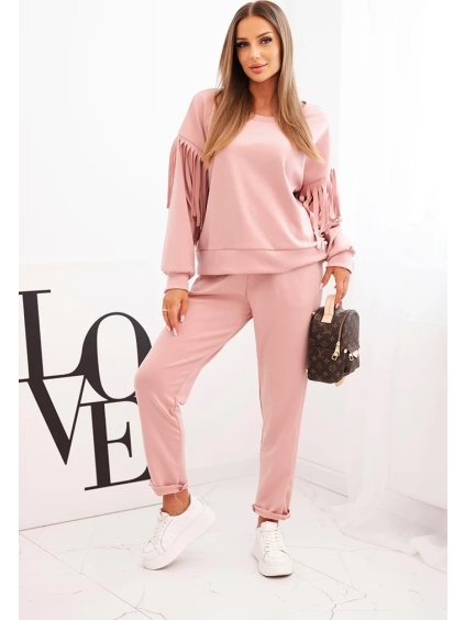 Púdrová dámska viskózová tepláková súprava so strapcami na rukávoch