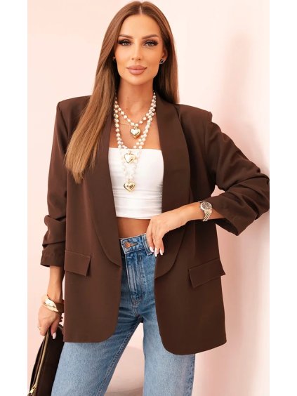Elegantný dámsky hnedý blejzer bez zapínania