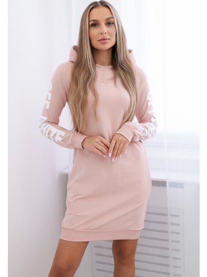 Púdrové dámske mikinové šaty s kapucňou
