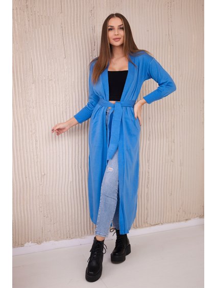 Modrý dlhý dámsky kardigán so zaväzovaním v páse