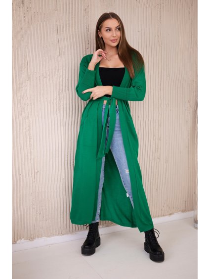 Zelený dlhý dámsky kardigán so zaväzovaním v páse