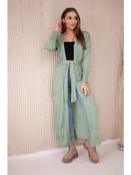 Mätový dlhý dámsky kardigán so zaväzovaním v páse