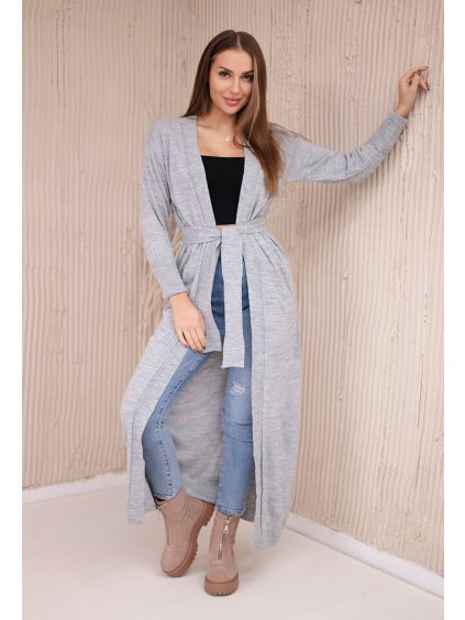 Svetlosivý dlhý dámsky kardigán so zaväzovaním v páse