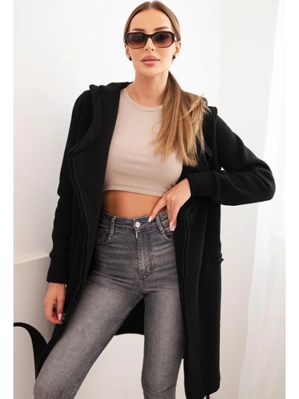 Čierny dámsky zateplený kardigán s kapucňou