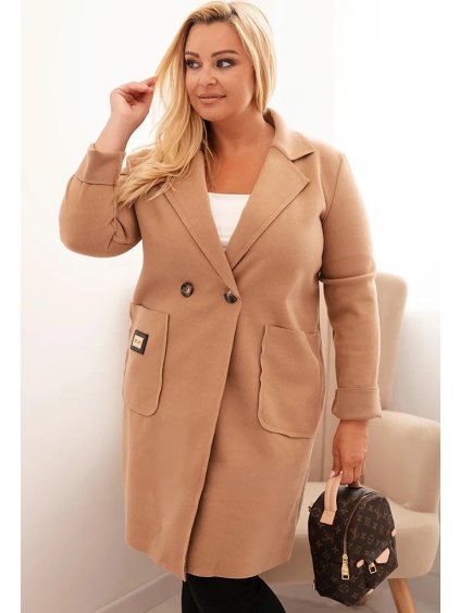 Camel dámsky elegantný plus size kabát s golierom a veľkými vreckami