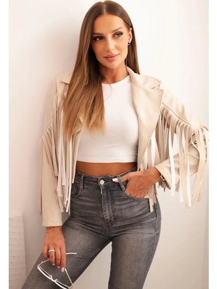 Svetlobéžová dámska koženková bunda so strapcami