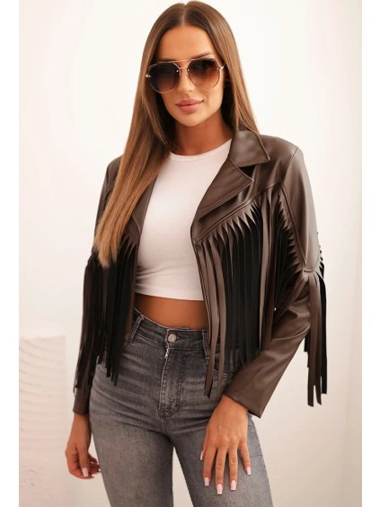 Hnedá dámska koženková bunda so strapcami