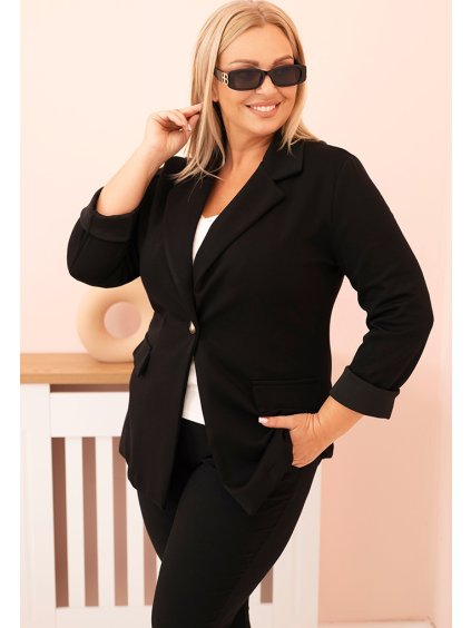 Čierny dámsky viskózový plus size blejzer s klasickým golierom