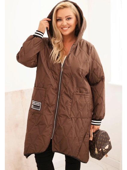 Hnedá dámska plus size prešívaná bunda s kapucňou a manžetami