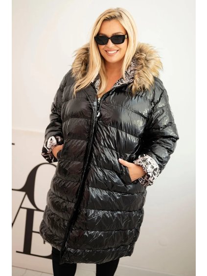 Čierna dámska lesklá zimná prešívaná bunda s kapucňou
