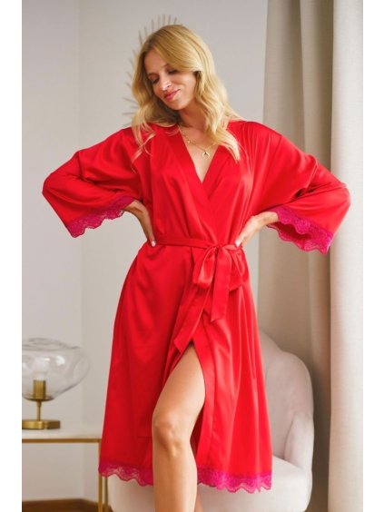 Červený dlhý saténový župan s čipkou Doctor Nap