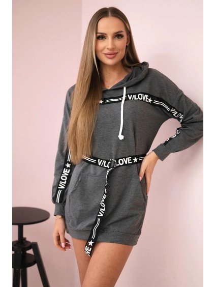 Grafitové mikinové šaty s pásikom a kapucňou