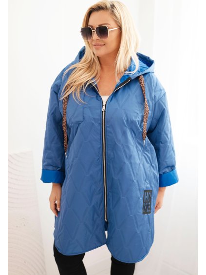 Modrá dámska plus size prešívaná bunda s kapucňou