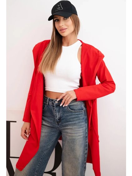 Červený ležérny dámsky asymetrický kardigán s kapucňou a vreckami