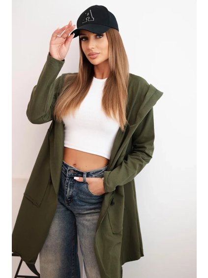 Khaki ležérny dámsky asymetrický kardigán s kapucňou a vreckami