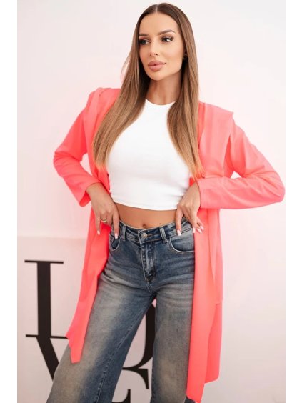 Neónovo ružový ležérny dámsky asymetrický kardigán s kapucňou a vreckami