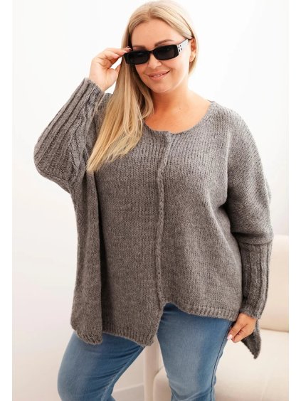 Grafitový dámsky asymetrický plus size pletený sveter