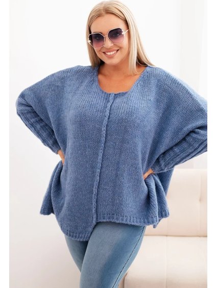 Modrý dámsky asymetrický plus size pletený sveter