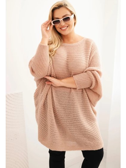 Púdrovo ružový dámsky pletený plus size sveter s prímesou mohéru