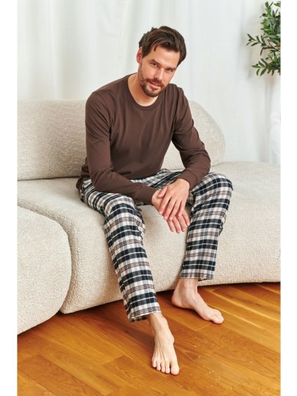 Doctor Nap Hnedé pánske dlhé pyžamo s flanelovými nohavicami