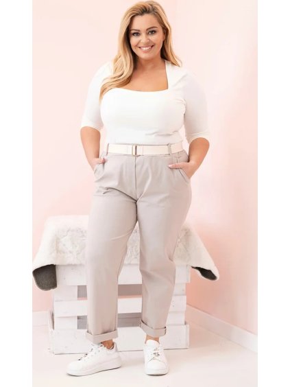 Béžové dámske bavlnené plus size nohavice s pásikom