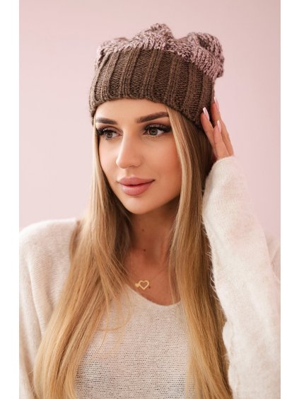 Hnedo-ružová dámska zimná čiapka s brmbolcom