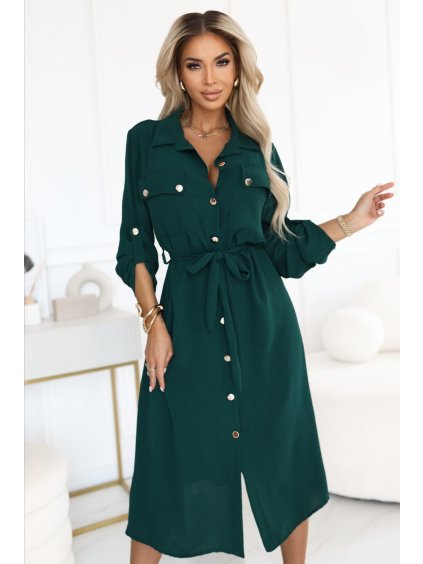 Tmavozelené košeľové midi šaty s viazaním v páse