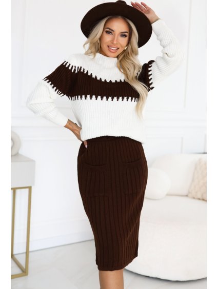 Smotanovo-hnedá súprava svetra a sukne