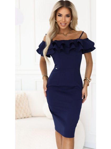 Tmavomodré španielske šaty CARMEN s volánmi