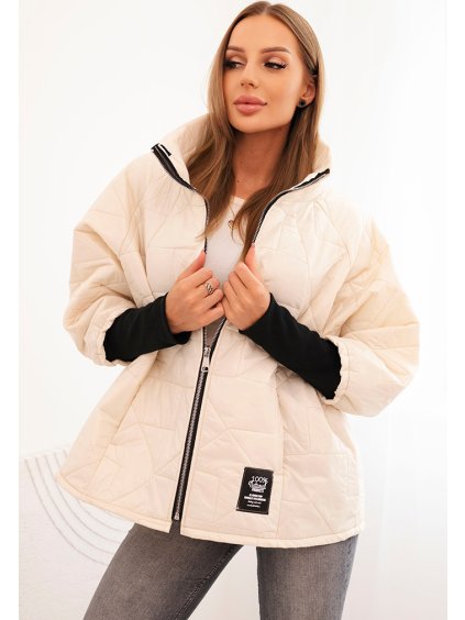 Smotanová dámska prešívaná bunda so stojačikom a elastickými manžetami