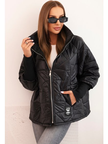 Čierna dámska prešívaná bunda so stojačikom a elastickými manžetami