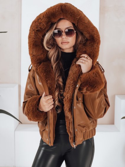 Hnedá dámska zimná koženková bunda