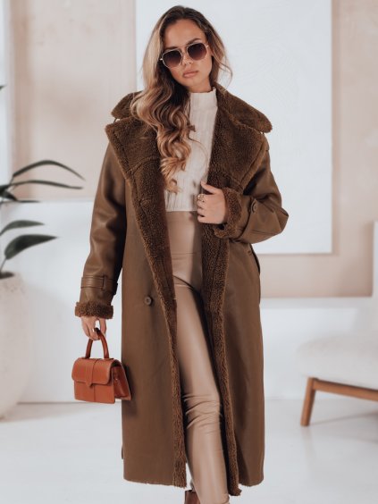 Hnedý dámsky dlhý koženkový zimný kabát CHICFROST s podšívkou