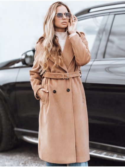 Camel dámsky dlhý kabát s pásikom