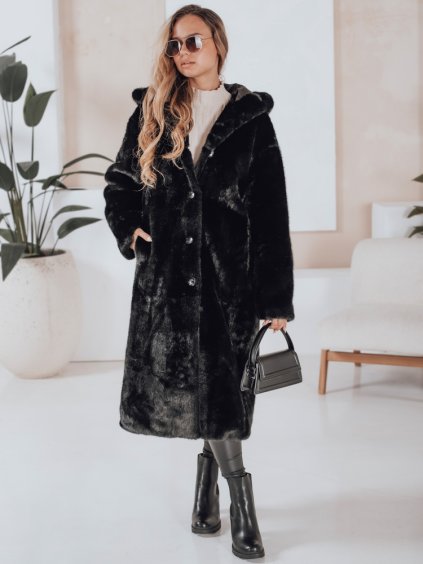 Dámsky dlhý čierny kožuch HELLOCHIC s kapucňou