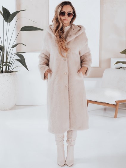 Dámsky dlhý béžový kožuch HELLOCHIC s kapucňou