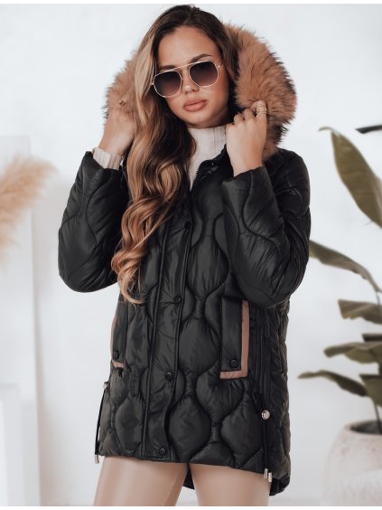 Dámska zimná čierno-hnedá prešívaná bunda LUMORE s kapucňou