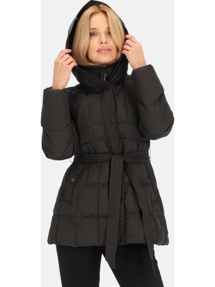 Čierna dámska krátka páperová bunda s kapucňou a zaväzovaním