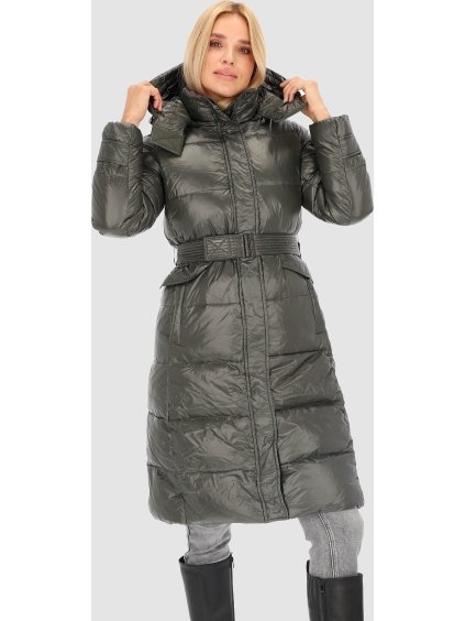 Khaki dámsky dlhý páperový kabát s pásikom